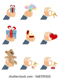 Vector illustration of a six hands with gifts