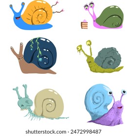 Vector illustration Six icons of different snails and zombie skeletons of different colors. Breed on NFT transparent background. 