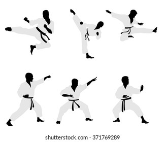 Vector illustration of a six karateka silhouettes