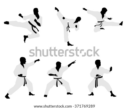 Vector illustration of a six karateka silhouettes