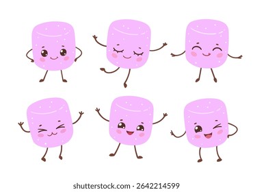 Vector illustration of six kawaii pink marshmallow characters with different poses and facial expressions. Flat isolated illustration.