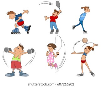 vector illustration of six kids practice sport