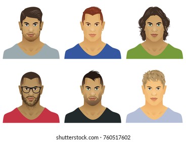 Vector illustration of six male face avatars