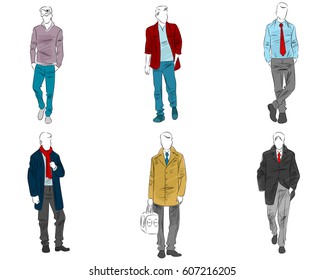 Vector illustration of six mannequin with casual outfit