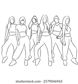 Vector illustration of six members of a kpop idol girl group. kpop idol illustration. Line art.