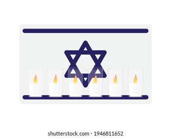 Vector illustration of six memorial candles on Israeli flag with White background