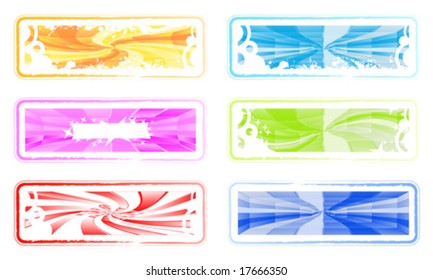 Vector illustration of six mildly colored retro grunge frames with stylized ink drops, grunge splats and labyrinth spirals.