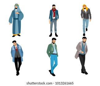 Vector illustration of six modern muslim men