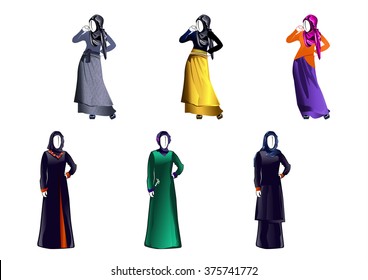 Vector illustration of a six modern muslim girls