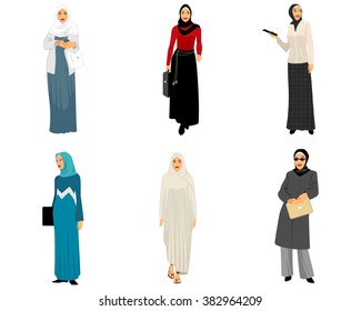 Vector illustration of a six modern muslim women