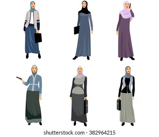 Vector illustration of a six modern muslim women