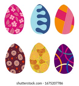 Vector Illustration of Six Multi-Colored Eggs with Flowers, Leaves, Stripes, Diamonds, Circles, Ellipses, Dots, Spirals, Stripes for Easter Background, Cards, Banners.