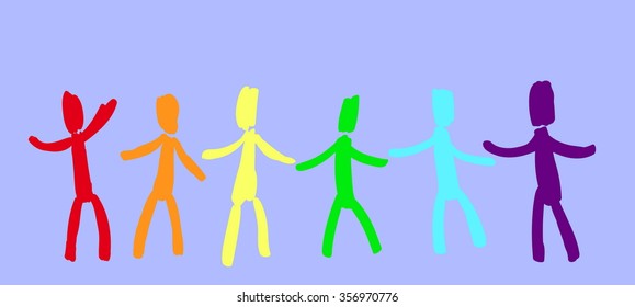 Vector illustration of six multicolored simple men