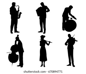 Vector illustration of a six musicians silhouettes