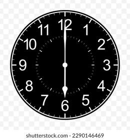 Vector illustration of six o'clock icon sign and symbol. Black icons on transparent background (PNG).