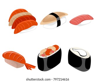 Vector illustration of six pieces of sushi