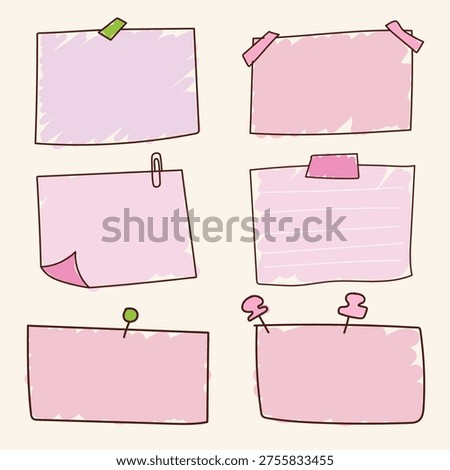 Vector illustration of six pink sticky notes with various attachments like pins, clips, and tape, on a light background. Perfect for design projects.