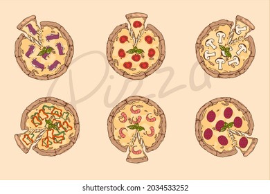 Vector illustration with six pizzas.
