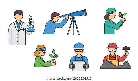 vector illustration of six professionals including a scientist, astronomer, biologist, engineer, miner, and another biologist.