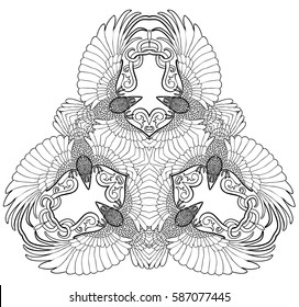 Vector illustration of six ravens fantasy triangle ornament black and white