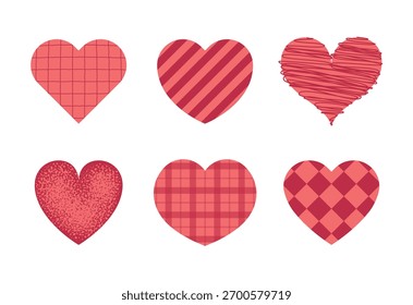 Ilustração vetorial de seis corações vermelhos apresentando diferentes padrões e texturas. Ideal para o Dia dos Namorados, convites de casamento, cartões de amor ou fundos românticos.