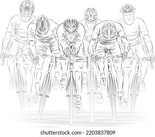 Vector illustration of six road cyclists in a competitive formation, viewed from the front. White line art on white background. Captures speed, team dynamics, racing tension