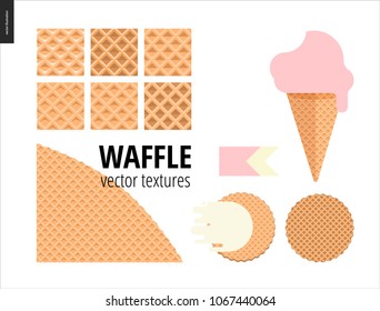 Vector illustration of six seamless waffle patterns and red fruit ice cream scoop in a waffle cone, pink flat ribbon and two round belgian waffers