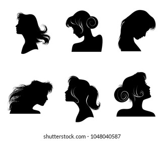 Vector illustration of six silhouettes of women's hairstyles