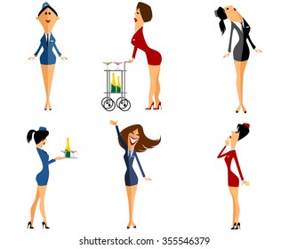 Vector illustration of a six stewardess set