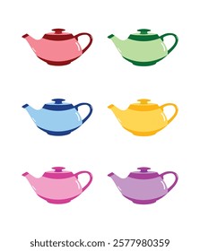 Vector illustration of six teapots in various bright colors with a simple rounded design and combination two colors