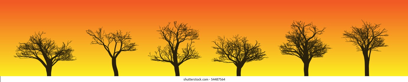 Vector Illustration of Six Tree Silhouettes Against Orange/Yellow Sky