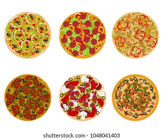 Vector illustration of six types of pizza