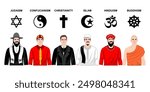 vector illustration of six types of religions in the world complete with religious symbols and clothing of religious leaders.  Islam, Christianity, Hinduism, Buddhism, Judaism, Confucianism