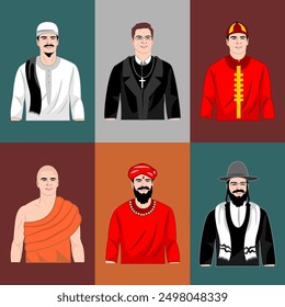 Ilustración vectorial de seis tipos de religiones en el mundo con símbolos religiosos y vestimenta de líderes religiosos.  Islam, Cristianismo, Hinduismo, Budismo, Judaísmo, Confucianismo