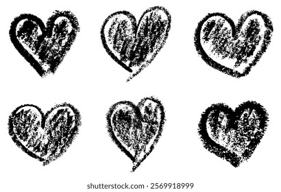 Vector illustration of six unique textured black hearts, perfect for creative, romantic, or abstract projects.