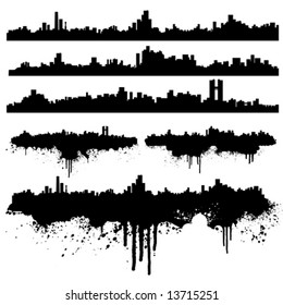 Vector illustration of six urban skylines, clean and splatter versions. Ink splashes highly detailed.