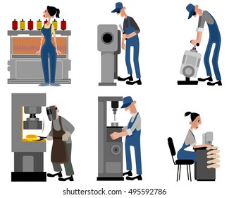 Vector illustration of a six workers with machines