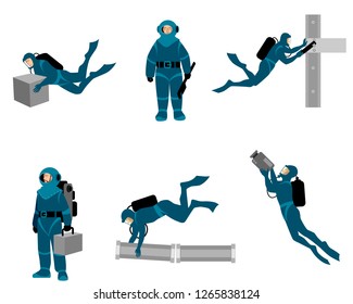 Vector illustration of six working divers on white background