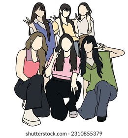 Vector illustration of six-member kpop idol girl group with girls crush concept. kpop idol posters