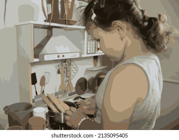 Vector illustration in sixteen colors. Little girl standing by the children's kitchen and playing for cooking.