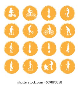 Vector illustration of sixteen golden negligent grunge icons illustrating summer outdoor activities of men, women, children