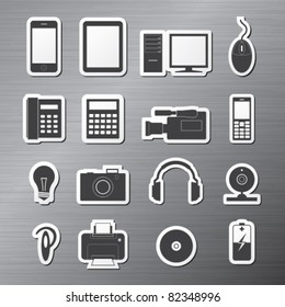 Vector illustration of sixteen icons on electronics