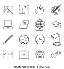 Vector illustration of sixteen thin line icons for school, education, science, set linear symbols.