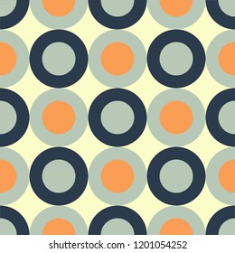 Vector illustration of sixties retro style seamless pattern background made with circles in red, orange and blue