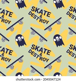 Vector Illustration of Skate Board and Broken Board. Skateboarding Seamless Pattern with Cartoon Skateboard. Flat Style Skate Yellow Background with Quote for T-shirt and Paper Print