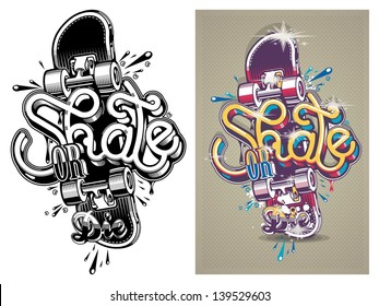 Vector Illustration Of A Skate Board With Graffiti,background