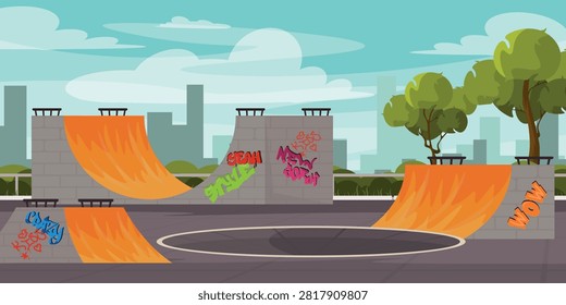 Vector illustration of a skate park. Cartoon scene of a city landscape with springboards, ramps, graffiti inscriptions, trees, silhouettes of city buildings. Parkour on a skateboard. Extreme sports.