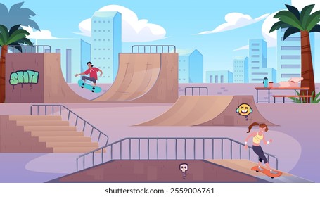 Vector illustration of a skate park with a girl and a guy on skateboards. Ramps, palm trees and graffiti convey the bright summer energy of the city.