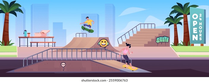 Vector illustration of a skate park with a girl and a guy doing tricks on skateboards. Ramps, palm trees and graffiti reflect the active summer life in the city.