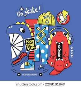 
Vector illustration of skateboard dinosaur with unique gesture isolated on blue background, Tee print design, poster, etc.